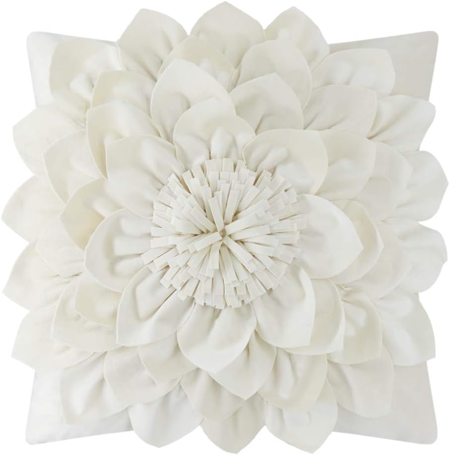 3D Flower Decorative Throw Pillow Covers Floral Pillow Shams Soft Velvet Pillowcases Home Sofa Car Bed Room Decor 18 x 18 Inches Cream White