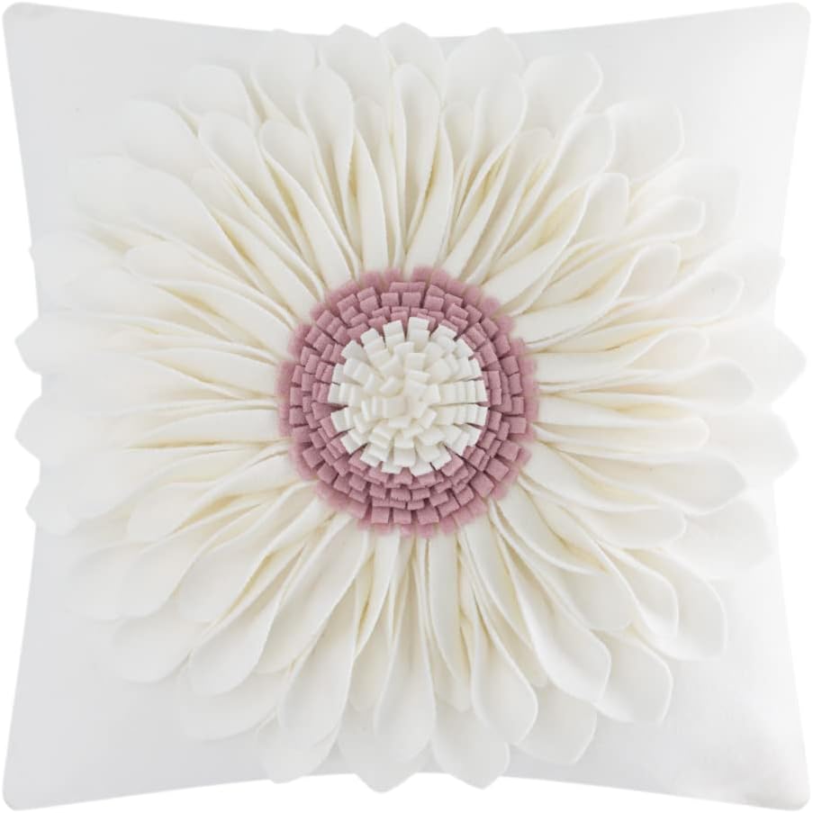 3D Sunflower Handmade Throw Pillow Covers Decorative Floral Pillowcases Cushion Covers for Couch Living Room Home Decor Creamy White 18x18 Inches