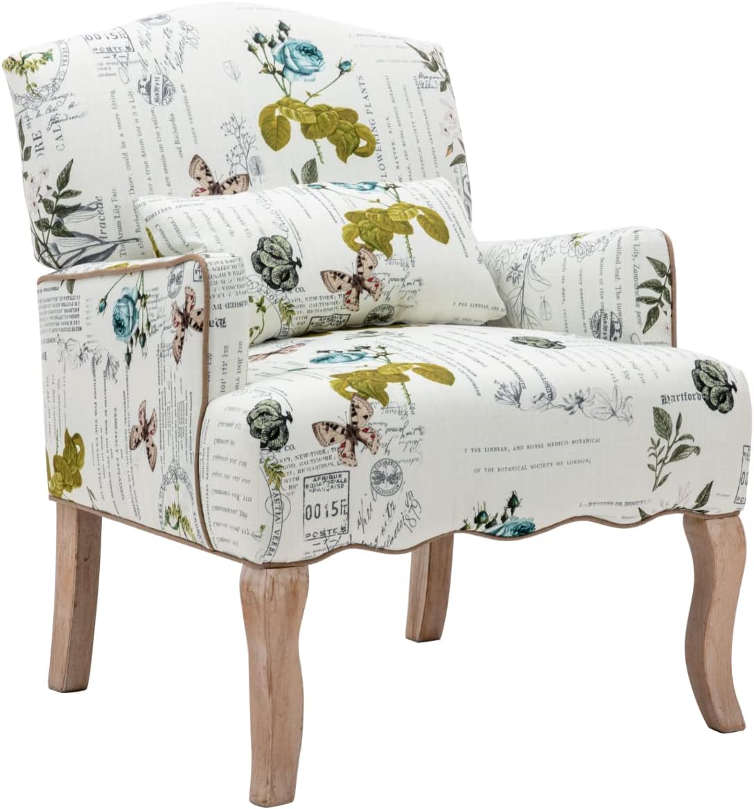 Floral Accent Chairs Farmhouse Upholstered Armchair Linen Reading Chair Mid Century Modern Single Sofa Chair with Pillow for Bedroom/Living Room/Fireplace, Beige, 1PC