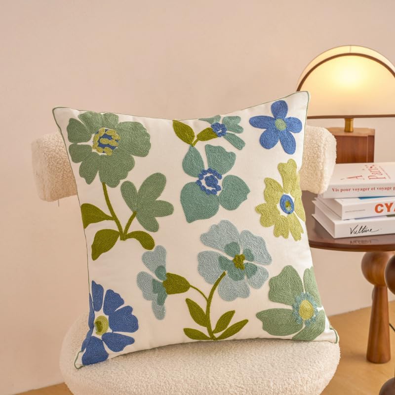 Embroidered Throw Pillow Covers, Pack of 2 Blue Flowers Patterned Pillowcases for Couch Sofa Bedroom, Decorative Pillow Covers 18x18 inch(Blue Flowers)