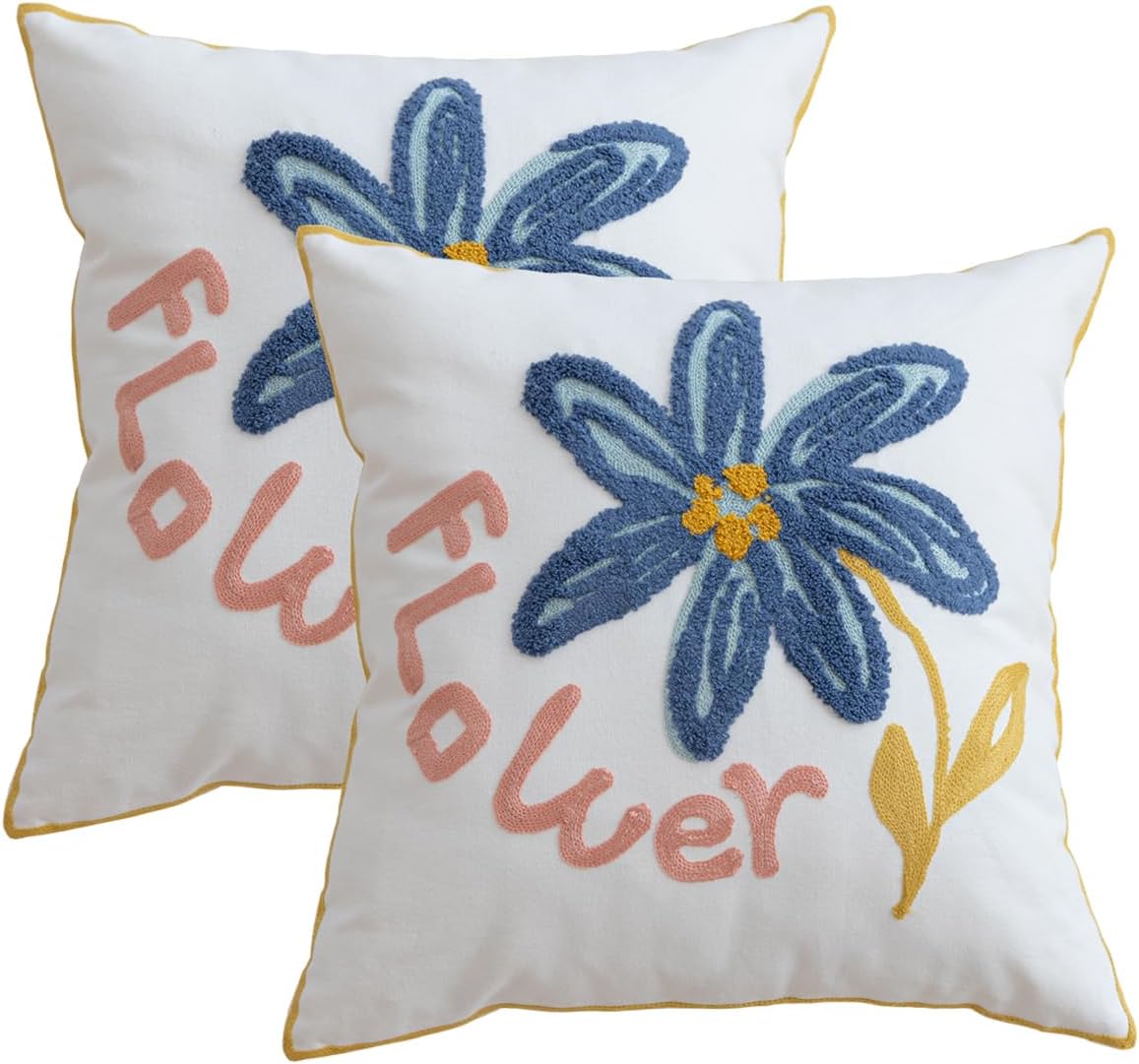 YIcabinet Pillow Covers Set of 2, Embroidered Flower Pattern Throw Pillow Cover,Square Cotton Cushion,Pillow Case for Sofa Bedroom Couch,18"x18"