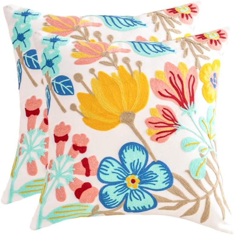 Embroidered Throw Pillow Covers, Pack of 2 Spring Flowers and Swallows Patterned Pillowcases for Couch Sofa Bedroom, Decorative Pillow Covers 18x18 inch(Swallows)