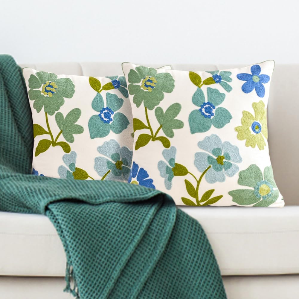 Embroidered Throw Pillow Covers, Pack of 2 Blue Flowers Patterned Pillowcases for Couch Sofa Bedroom, Decorative Pillow Covers 18x18 inch(Blue Flowers)