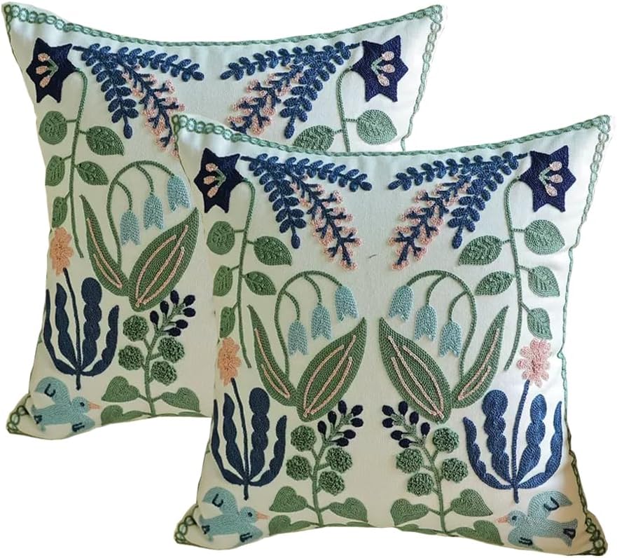 YIcabinet Pillow Covers Set of 2, Embroidered Flower Pattern Throw Pillow Cover,Square Cotton Cushion,Pillow Case for Sofa Bedroom Couch,18"x18"