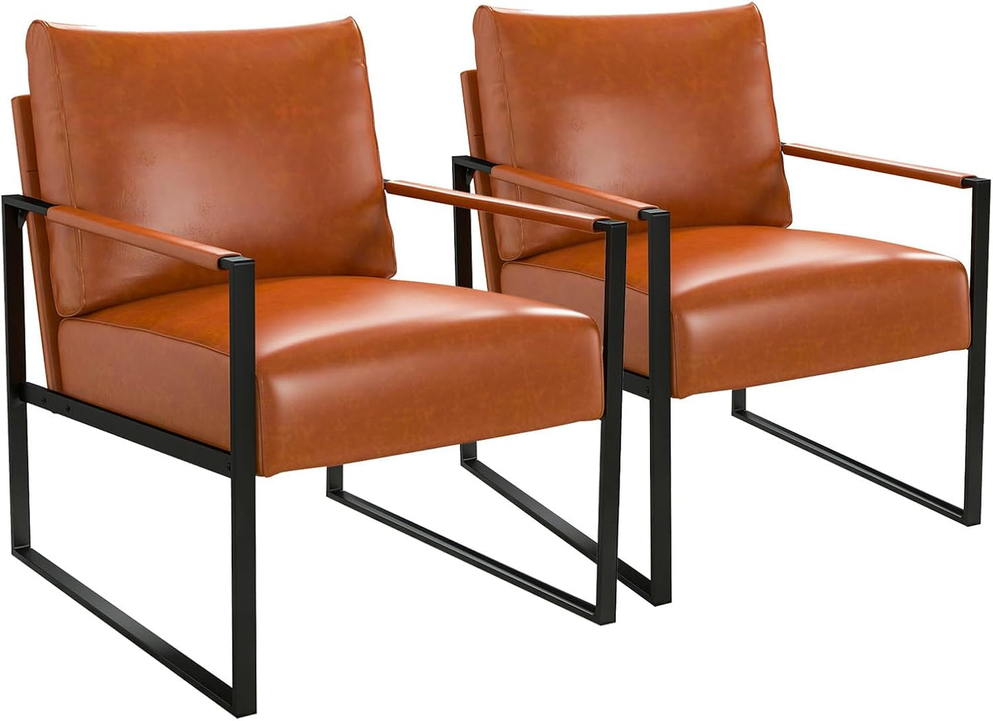 Phoenix Home PU Leather Accent Chair Set of 2, Leisure Metal Framed Armchair with Extra Soft Padded and Cushion, 105 Degree Slant Back, Modern Reading Arm Chair for Living Room/Office/Bedroom, Black