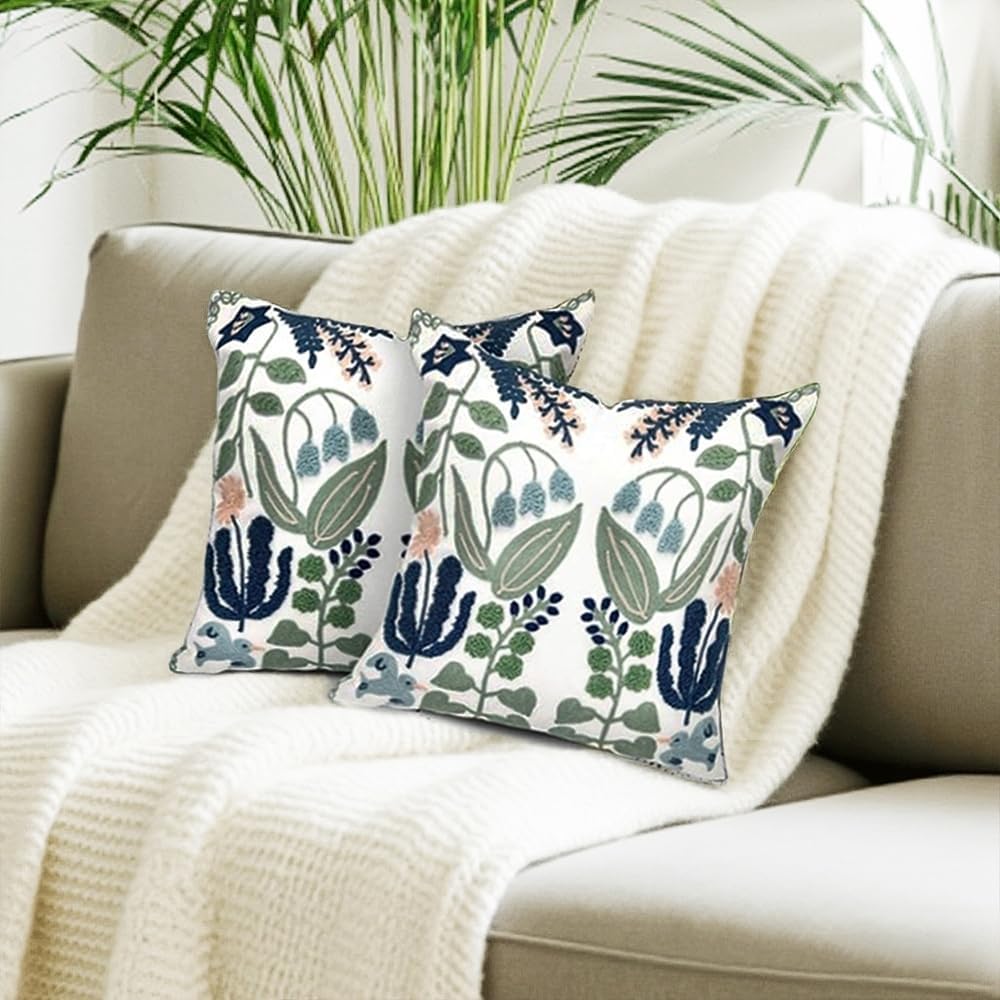 Embroidered Throw Pillow Covers, Pack of 2 Spring Flowers and Swallows Patterned Pillowcases for Couch Sofa Bedroom, Decorative Pillow Covers 18x18 inch(Swallows)