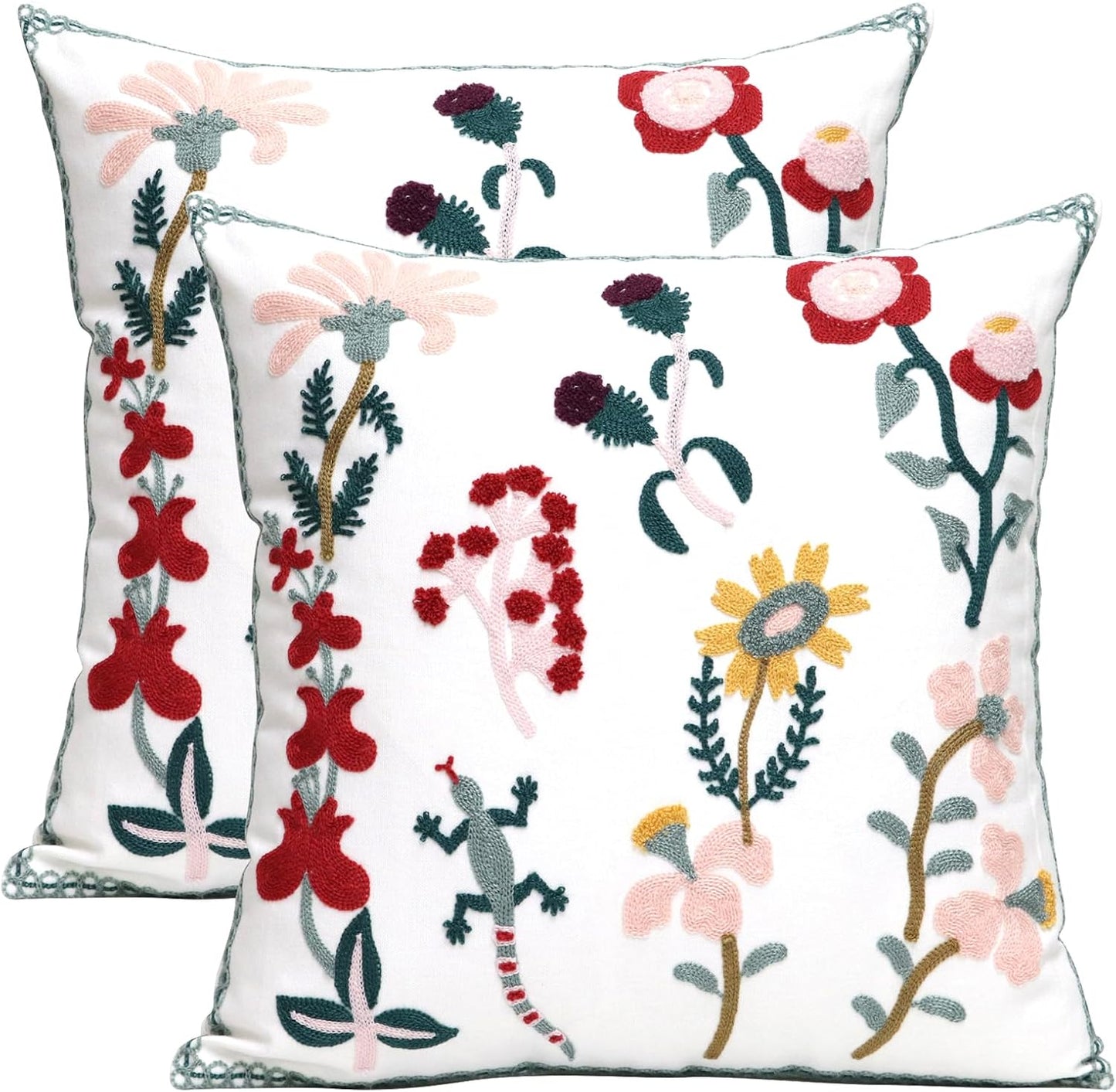 Pack of 2 Embroidered Decorative Throw Pillow Cover 18x18 Inch Farmhouse Floral Pillowcase for Living Room Sofa Bed (Bird Flower-Waist)