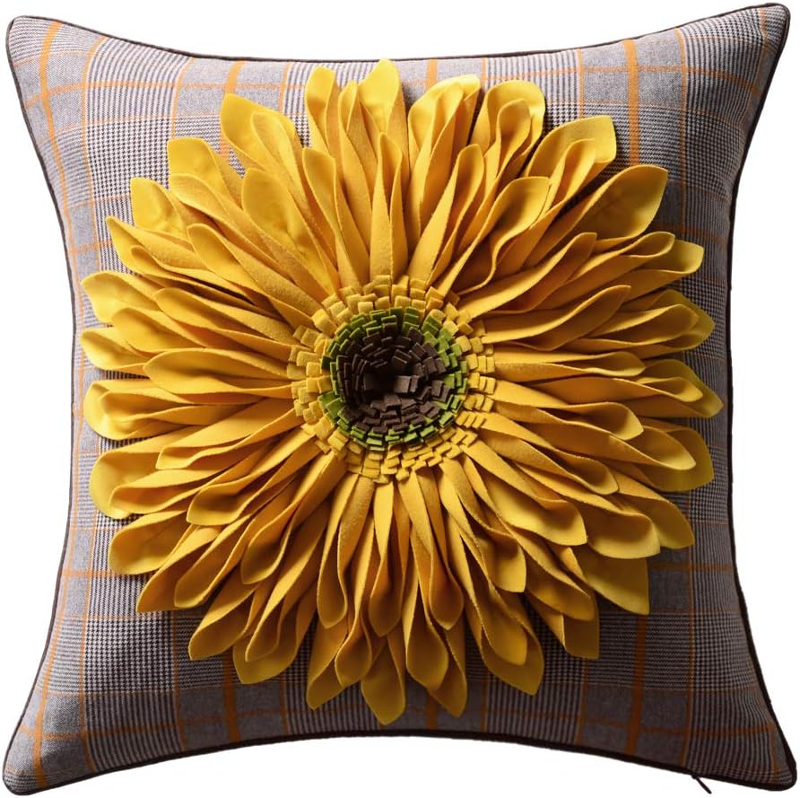 3D Sunflower Handmade Throw Pillow Covers Decorative Floral Pillowcases Cushion Covers for Couch Living Room Home Decor Creamy White 18x18 Inches
