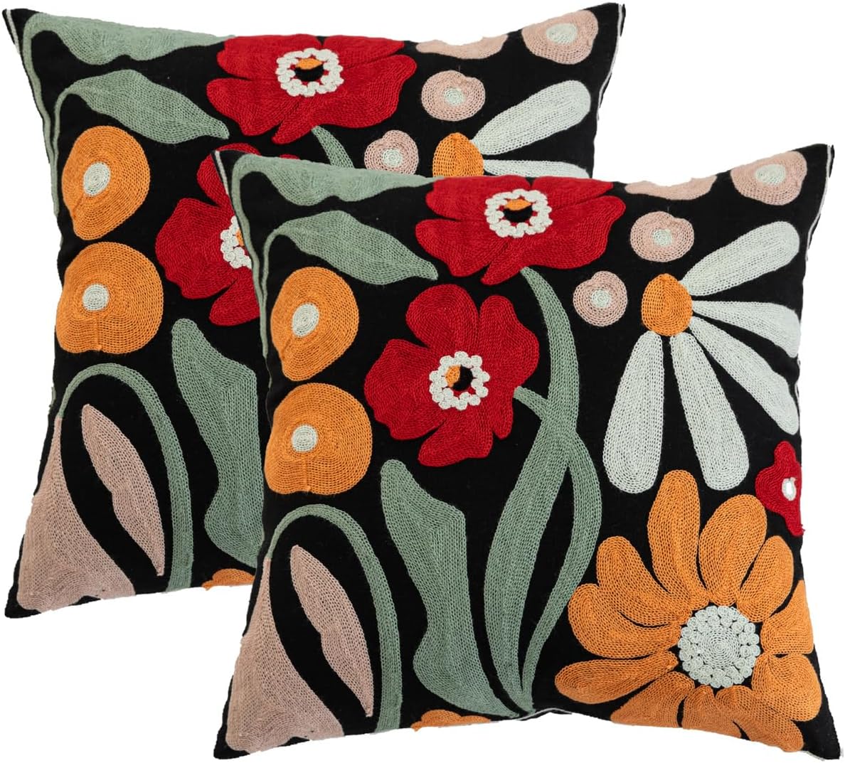 YIcabinet Pillow Covers Set of 2, Embroidered Flower Pattern Throw Pillow Cover,Square Cotton Cushion,Pillow Case for Sofa Bedroom Couch,18"x18"