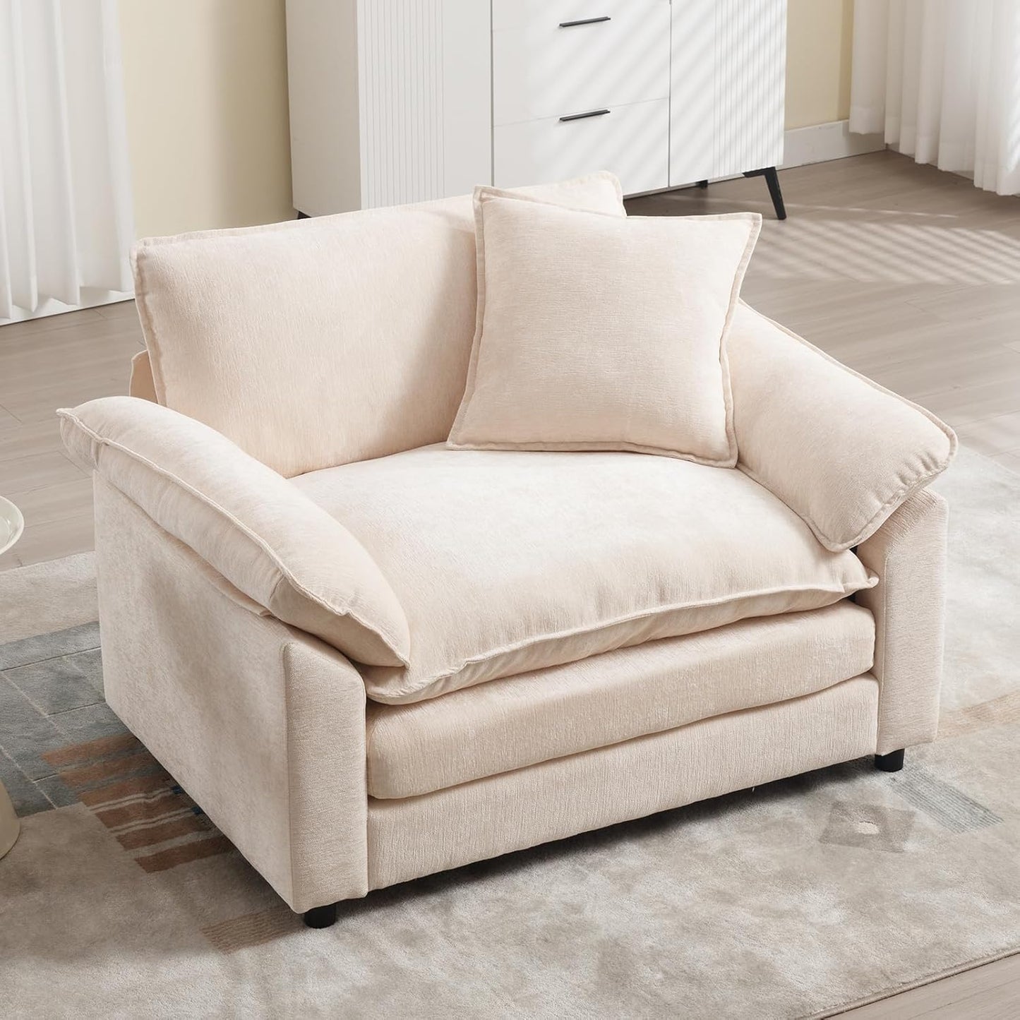 Chenille Oversized Accent Chair with Ottoman, Comfy Single Sofa Chair Armchair with Large Seat and Extra Wide Armrests, Modern Reading Chairs for Bedroom, Living Room,Beige