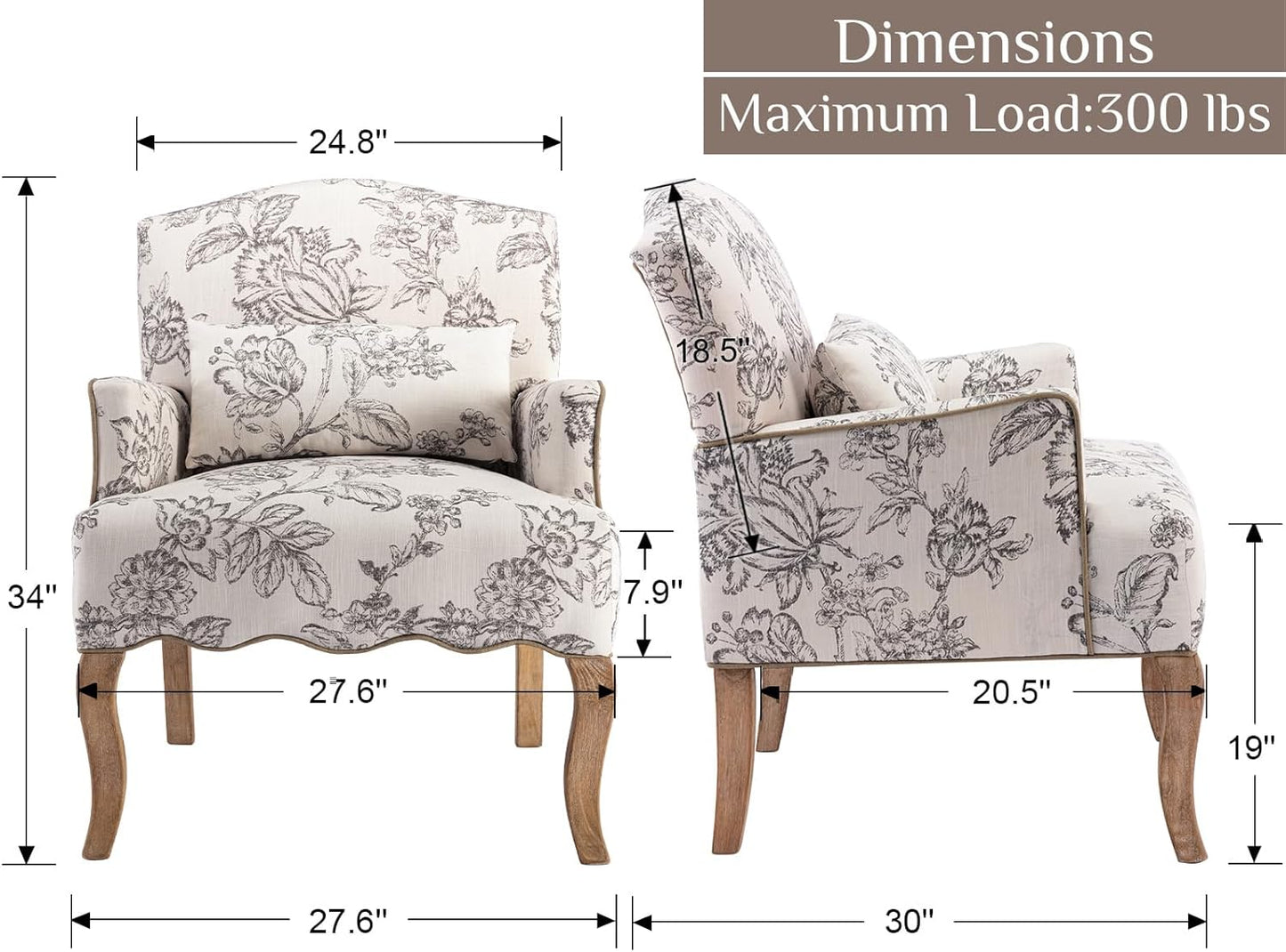 Floral Accent Chairs Farmhouse Upholstered Armchair Linen Reading Chair Mid Century Modern Single Sofa Chair with Pillow for Bedroom/Living Room/Fireplace, Beige, 1PC