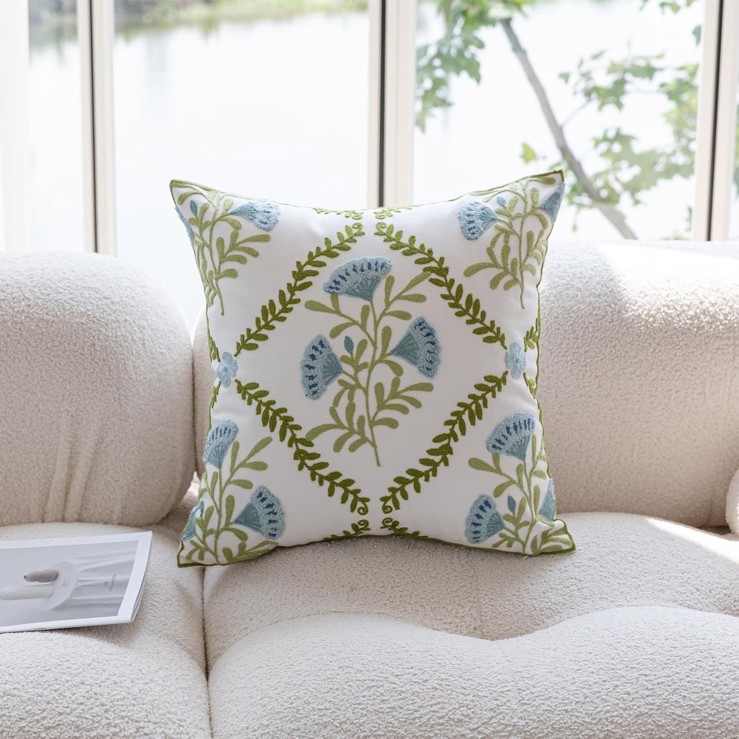YIcabinet Pillow Covers Set of 2, Embroidered Flower Pattern Throw Pillow Cover,Square Cotton Cushion,Pillow Case for Sofa Bedroom Couch,18"x18"