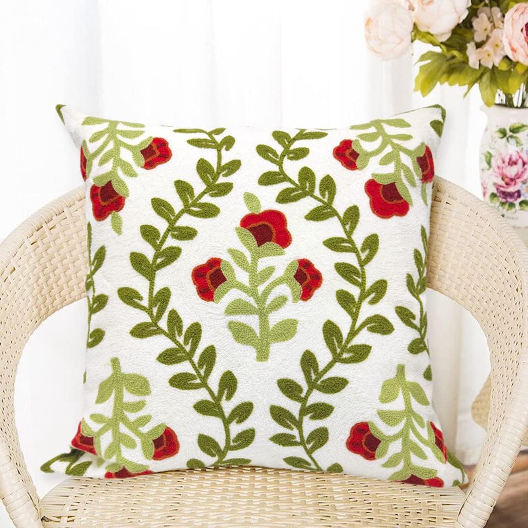 Alysheer Summer Floral Embroidered Decorative Throw Pillow Covers 18"x 18" Set of 2, Farmhouse Navy Blue Flowers Green Leaves Tufted Patterned Cotton Cushion Cases for Couch Bed Living Room Decor