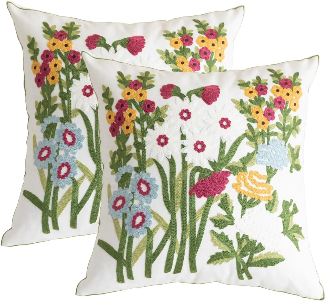 YIcabinet Pillow Covers Set of 2, Embroidered Flower Pattern Throw Pillow Cover,Square Cotton Cushion,Pillow Case for Sofa Bedroom Couch,18"x18"