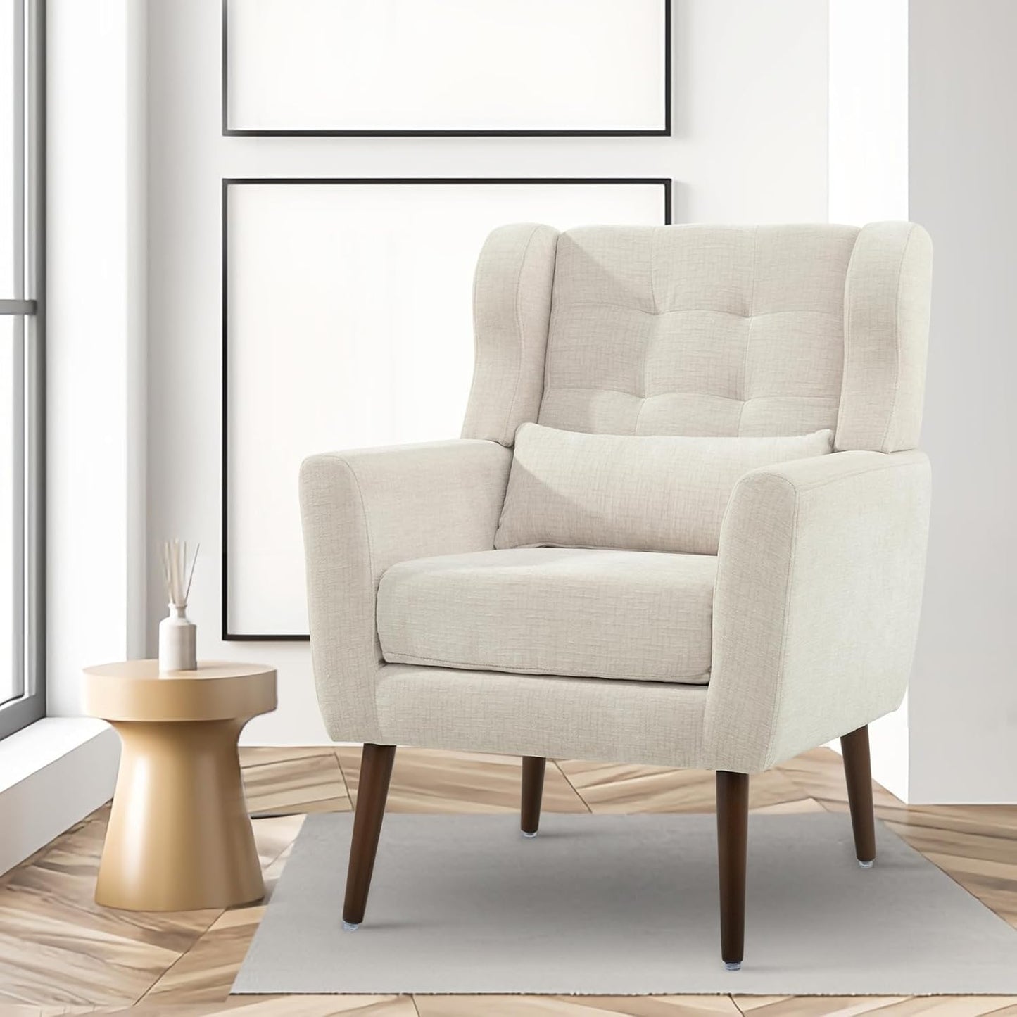 Accent Chairs Set of 2 for Living Room, Chenille Upholstered Mordern Armchair, Comfy Soft Padded Lounge Reading Arm Chair in Small Space, Bedroom, Pillow, Solid Wood Leg, Beige