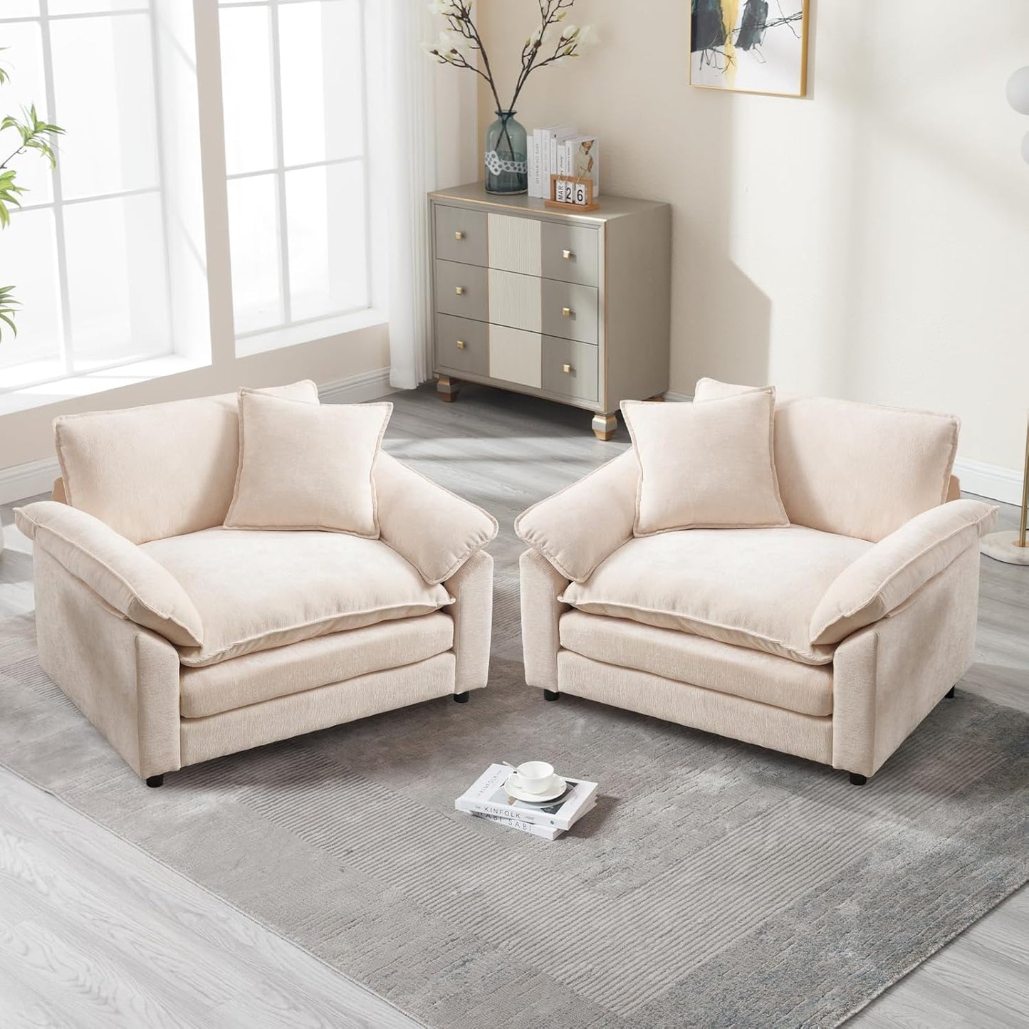 Chenille Oversized Accent Chair with Ottoman, Comfy Single Sofa Chair Armchair with Large Seat and Extra Wide Armrests, Modern Reading Chairs for Bedroom, Living Room,Beige
