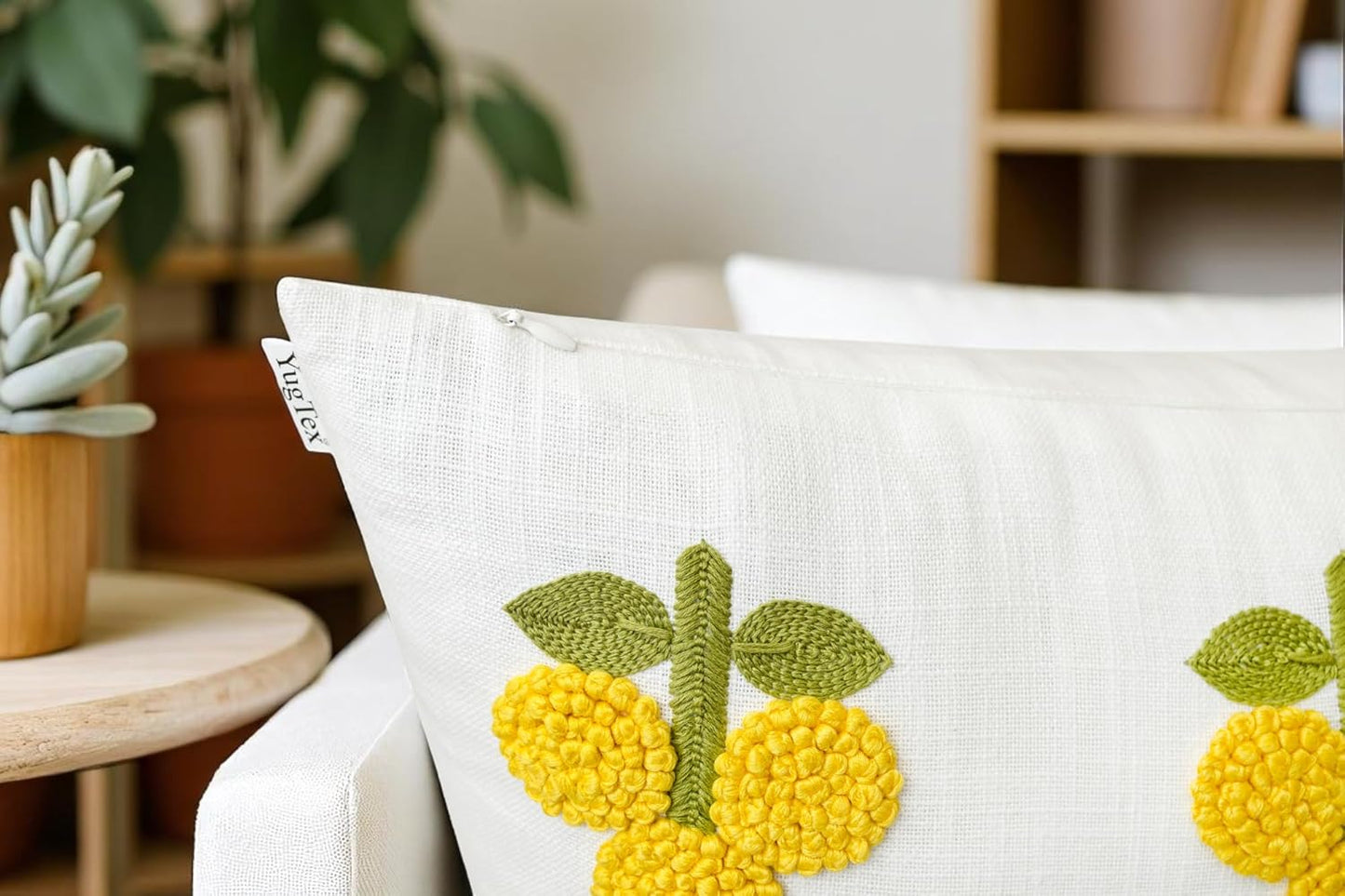 Hand Embroidered Gomet Flower Decorative Square Accent Throw Pillow Cover - Pillowcase for Living Room Sofa, Couch, Bedroom - Chair Cushion Cover - 20x20, Ivory