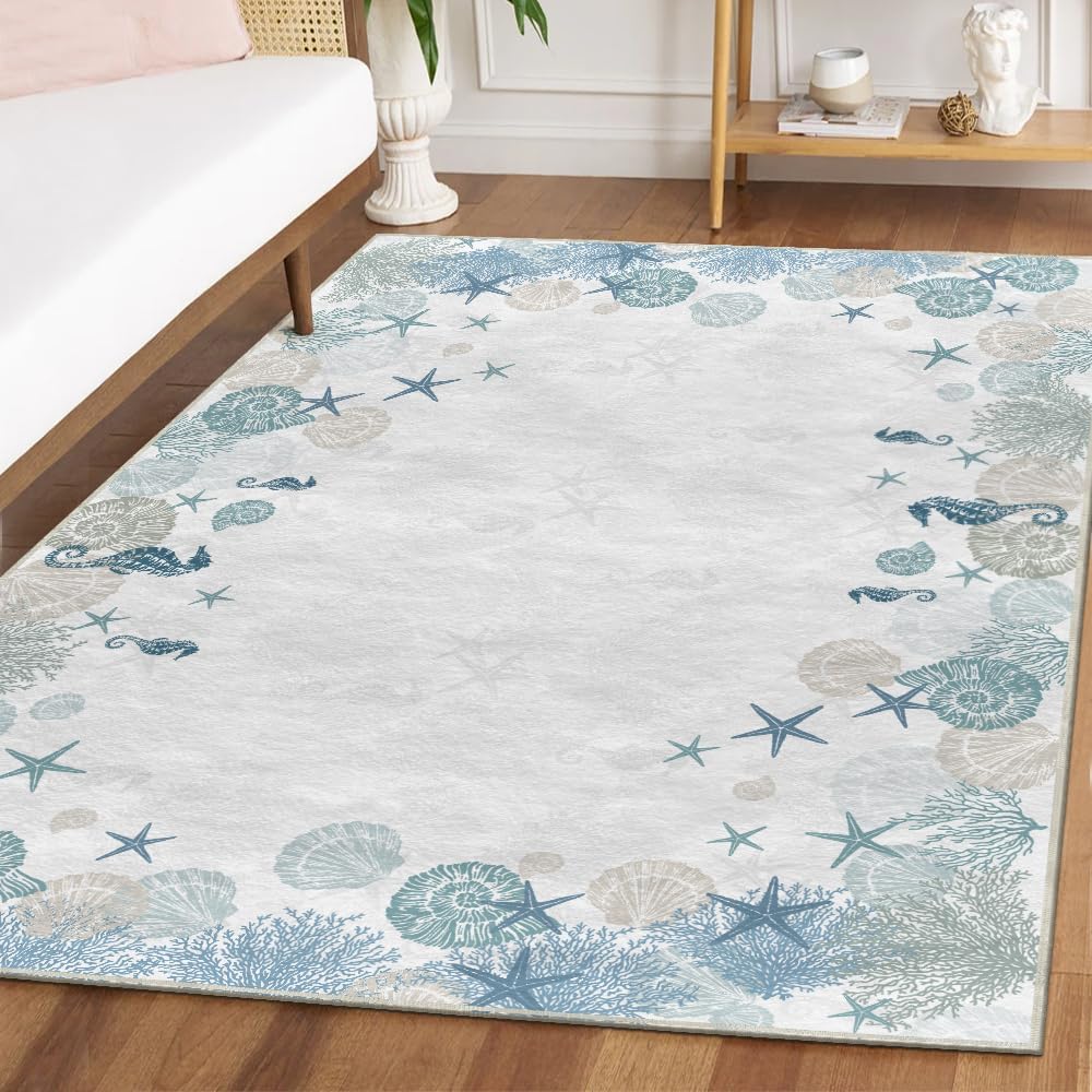 Artoid Mode Coral Starfish Whelks Summer Area Rug, Seasonal Home Decor Low-Profile Washable Area Rugs for Bedroom Living Room Laundry Room Dining Room Kids Nursery Indoor 5x7 Feet