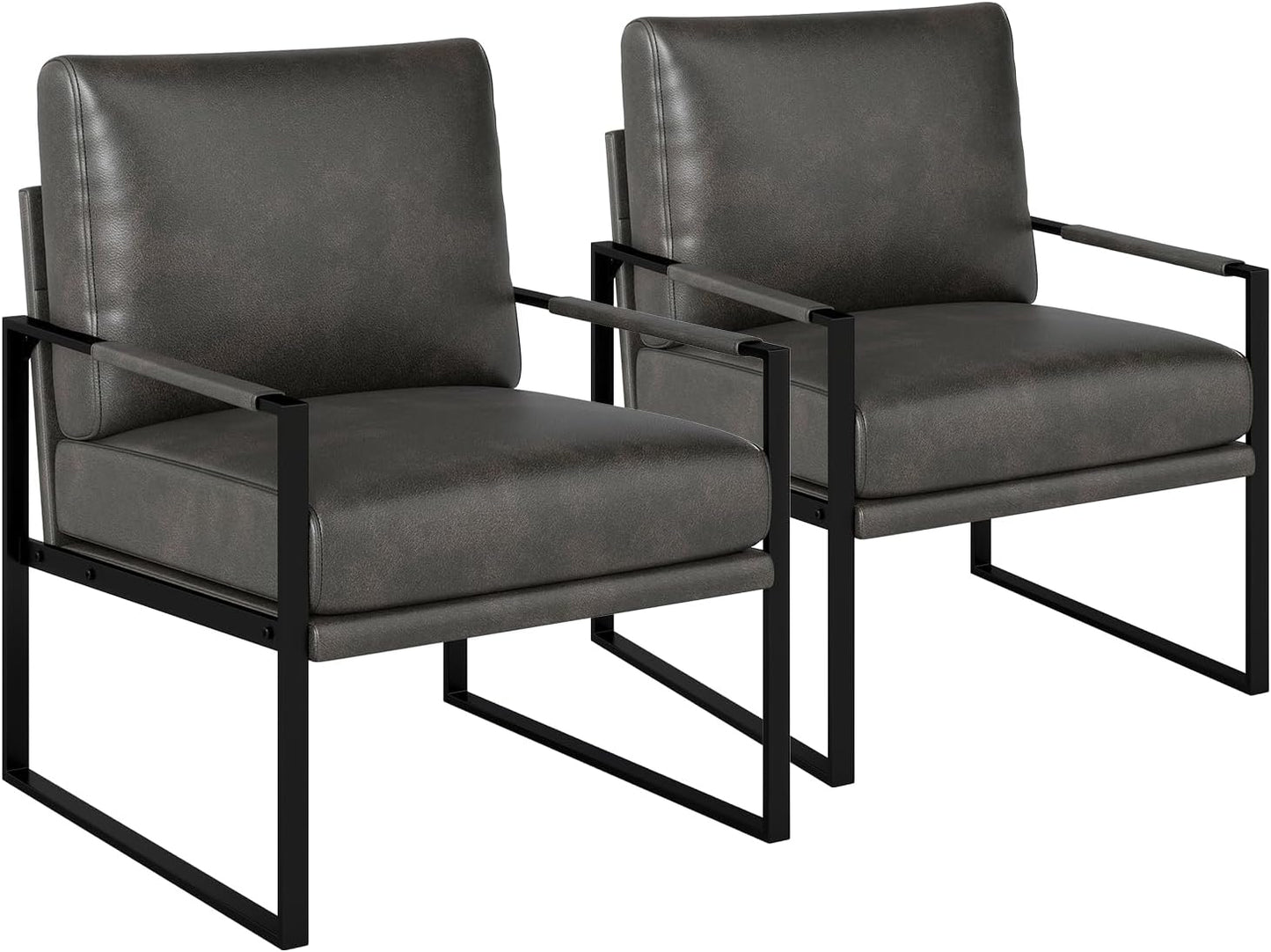 Phoenix Home PU Leather Accent Chair Set of 2, Leisure Metal Framed Armchair with Extra Soft Padded and Cushion, 105 Degree Slant Back, Modern Reading Arm Chair for Living Room/Office/Bedroom, Black
