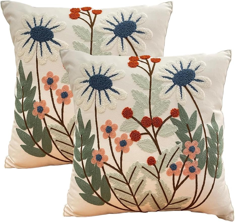 YIcabinet Pillow Covers Set of 2, Embroidered Flower Pattern Throw Pillow Cover,Square Cotton Cushion,Pillow Case for Sofa Bedroom Couch,18"x18"