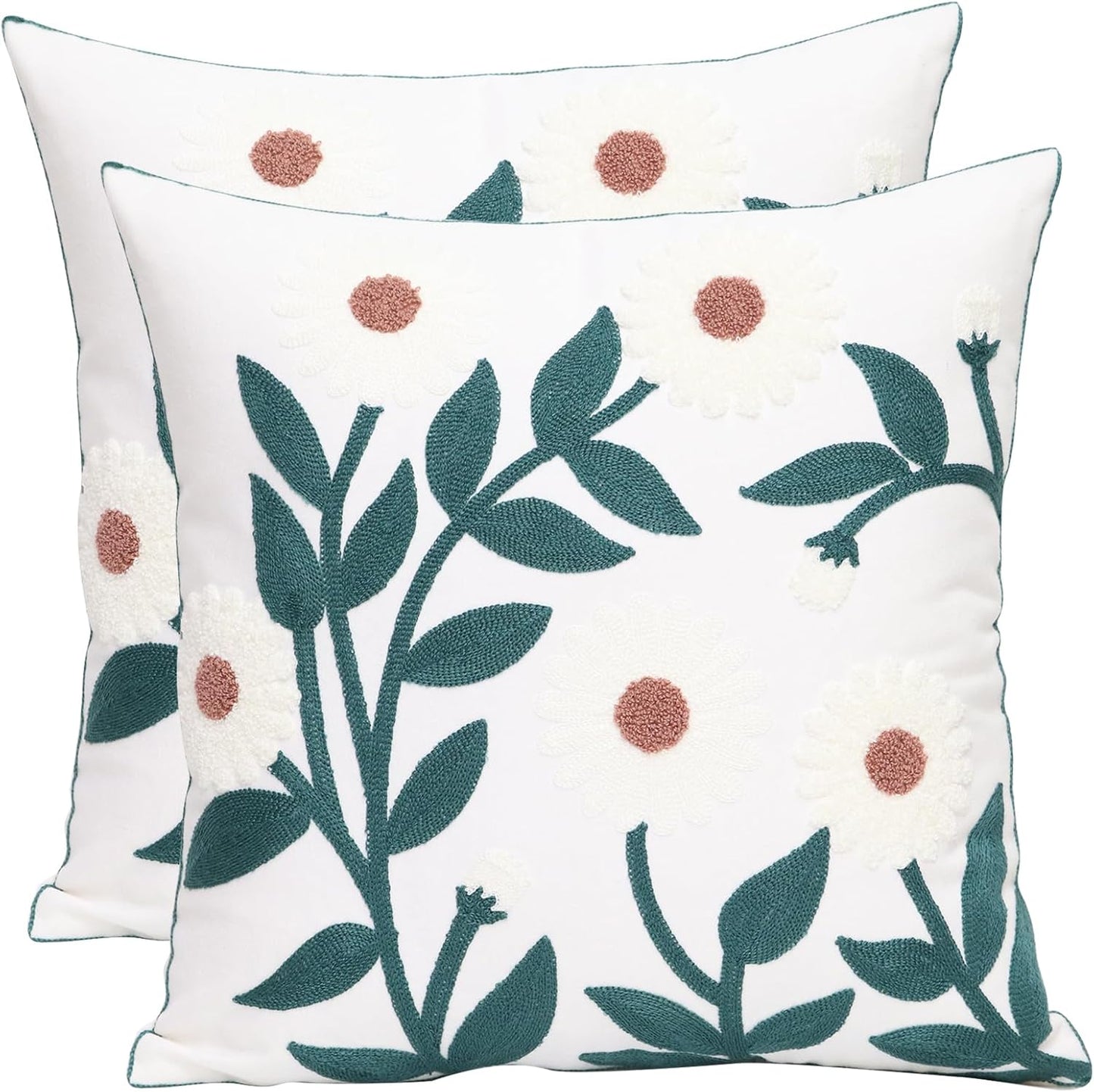 Pack of 2 Embroidered Decorative Throw Pillow Cover 18x18 Inch Farmhouse Floral Pillowcase for Living Room Sofa Bed (Bird Flower-Waist)