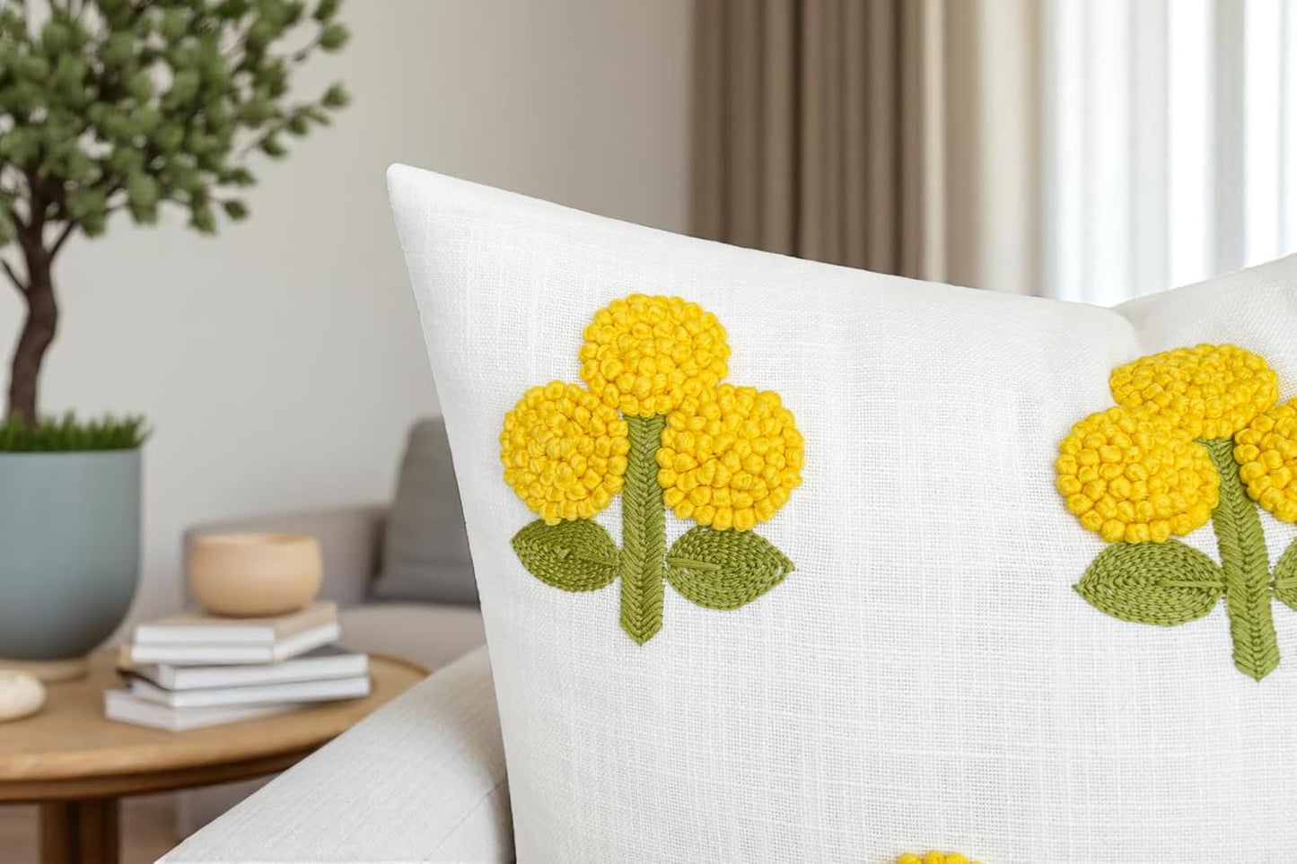 Hand Embroidered Gomet Flower Decorative Square Accent Throw Pillow Cover - Pillowcase for Living Room Sofa, Couch, Bedroom - Chair Cushion Cover - 20x20, Ivory