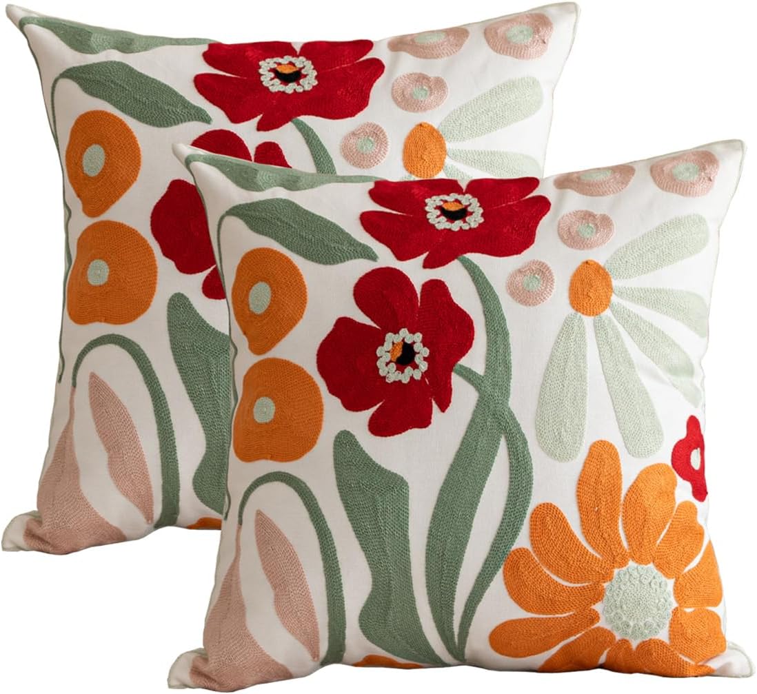 YIcabinet Pillow Covers Set of 2, Embroidered Flower Pattern Throw Pillow Cover,Square Cotton Cushion,Pillow Case for Sofa Bedroom Couch,18"x18"