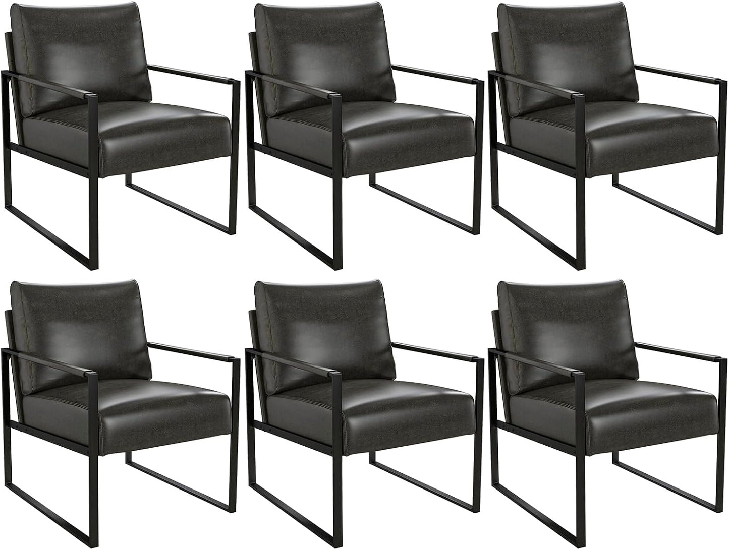 Phoenix Home PU Leather Accent Chair Set of 2, Leisure Metal Framed Armchair with Extra Soft Padded and Cushion, 105 Degree Slant Back, Modern Reading Arm Chair for Living Room/Office/Bedroom, Black