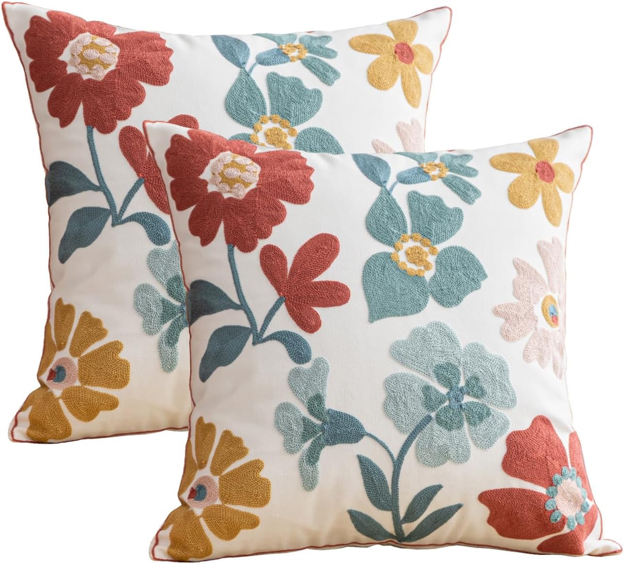 YIcabinet Pillow Covers Set of 2, Embroidered Flower Pattern Throw Pillow Cover,Square Cotton Cushion,Pillow Case for Sofa Bedroom Couch,18"x18"