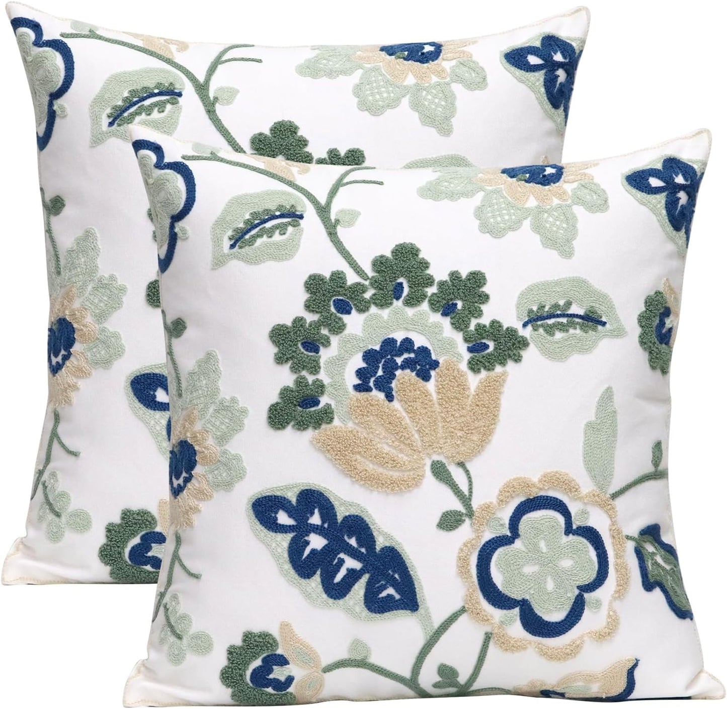 Pack of 2 Embroidered Decorative Throw Pillow Cover 18x18 Inch Farmhouse Floral Pillowcase for Living Room Sofa Bed (Bird Flower-Waist)