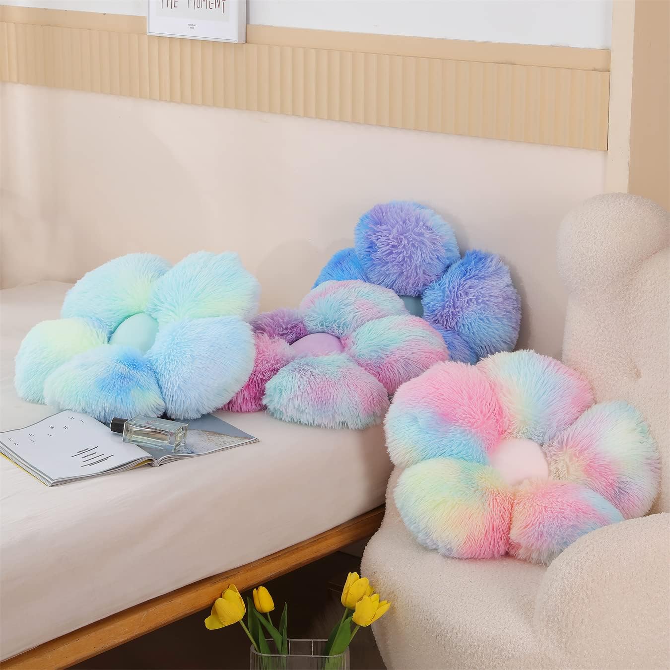 Faux Fur Pillow,Flower Shaped Throw Pillow Butt Cushion Flower Floor Pillow,Seating Cushion,Cute Room Decor & Plush Pillow for Bedroom Sofa Chair (19.7 Inches, Rainbow Purple)