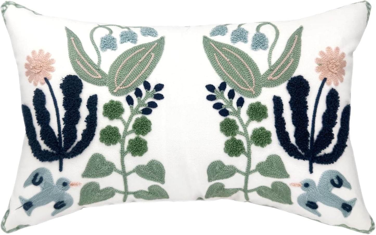 Alysheer Summer Floral Embroidered Decorative Throw Pillow Covers 18"x 18" Set of 2, Farmhouse Navy Blue Flowers Green Leaves Tufted Patterned Cotton Cushion Cases for Couch Bed Living Room Decor