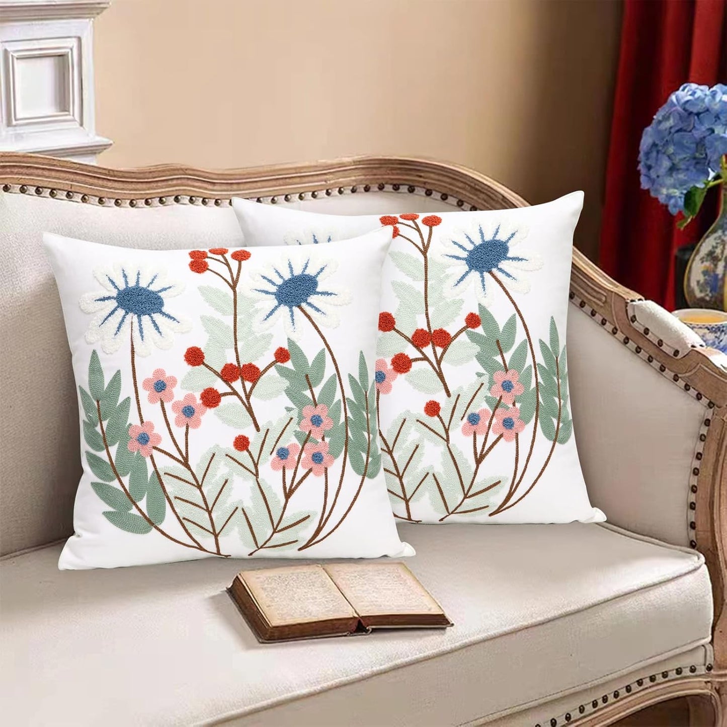 Pack of 2 Embroidered Decorative Throw Pillow Cover 18x18 Inch Farmhouse Floral Pillowcase for Living Room Sofa Bed (Flower)