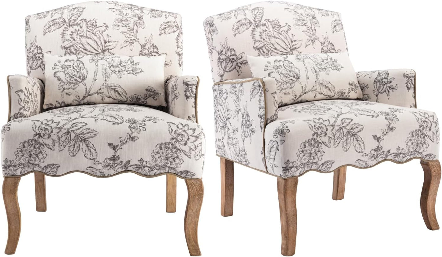 Floral Accent Chairs Farmhouse Upholstered Armchair Linen Reading Chair Mid Century Modern Single Sofa Chair with Pillow for Bedroom/Living Room/Fireplace, Beige, 1PC