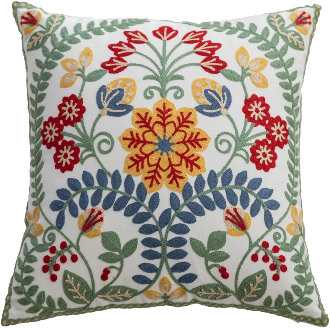 YIcabinet Pillow Covers Set of 2, Embroidered Flower Pattern Throw Pillow Cover,Square Cotton Cushion,Pillow Case for Sofa Bedroom Couch,18"x18"