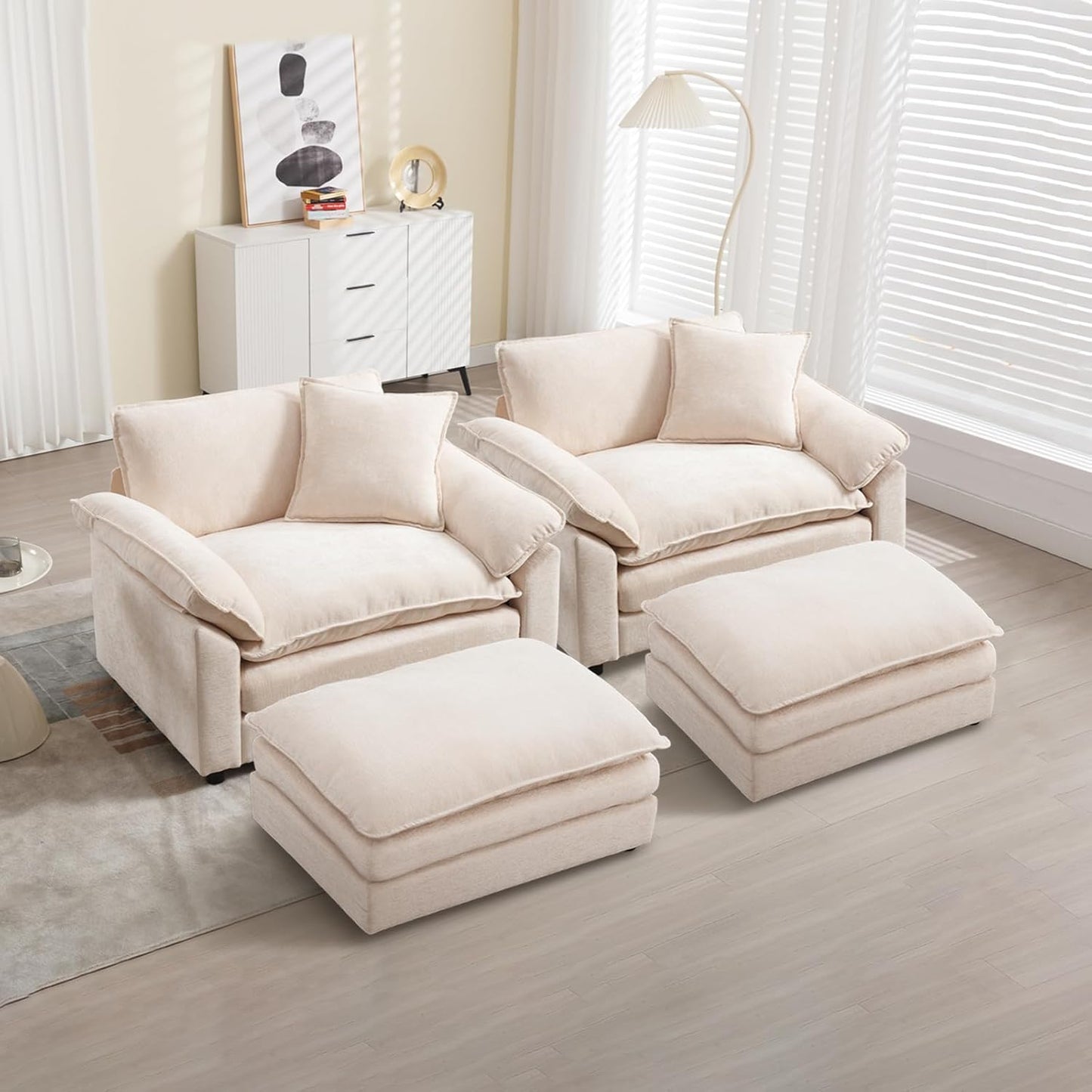 Chenille Oversized Accent Chair with Ottoman, Comfy Single Sofa Chair Armchair with Large Seat and Extra Wide Armrests, Modern Reading Chairs for Bedroom, Living Room,Beige