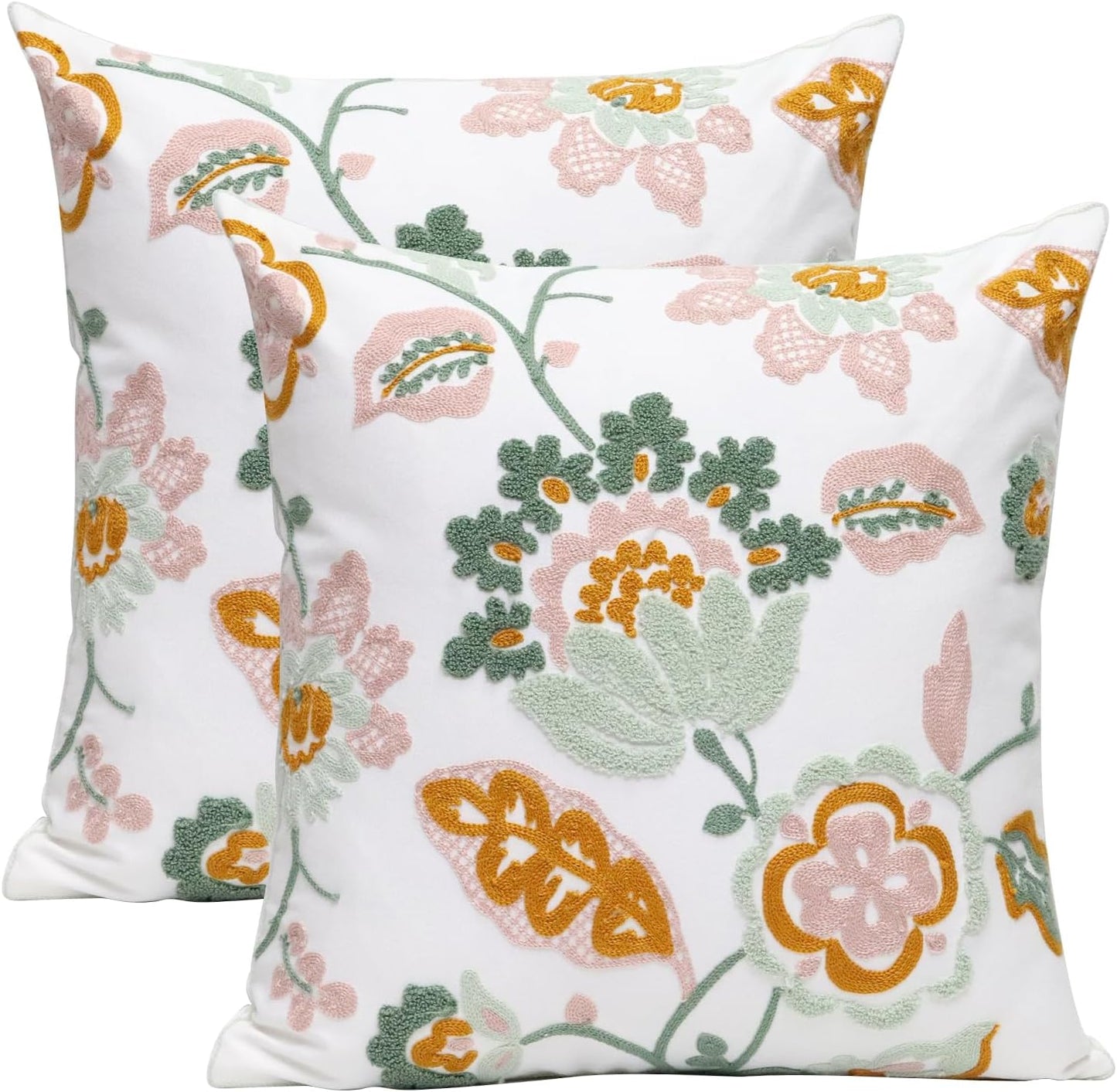 Pack of 2 Embroidered Decorative Throw Pillow Cover 18x18 Inch Farmhouse Floral Pillowcase for Living Room Sofa Bed (Bird Flower-Waist)