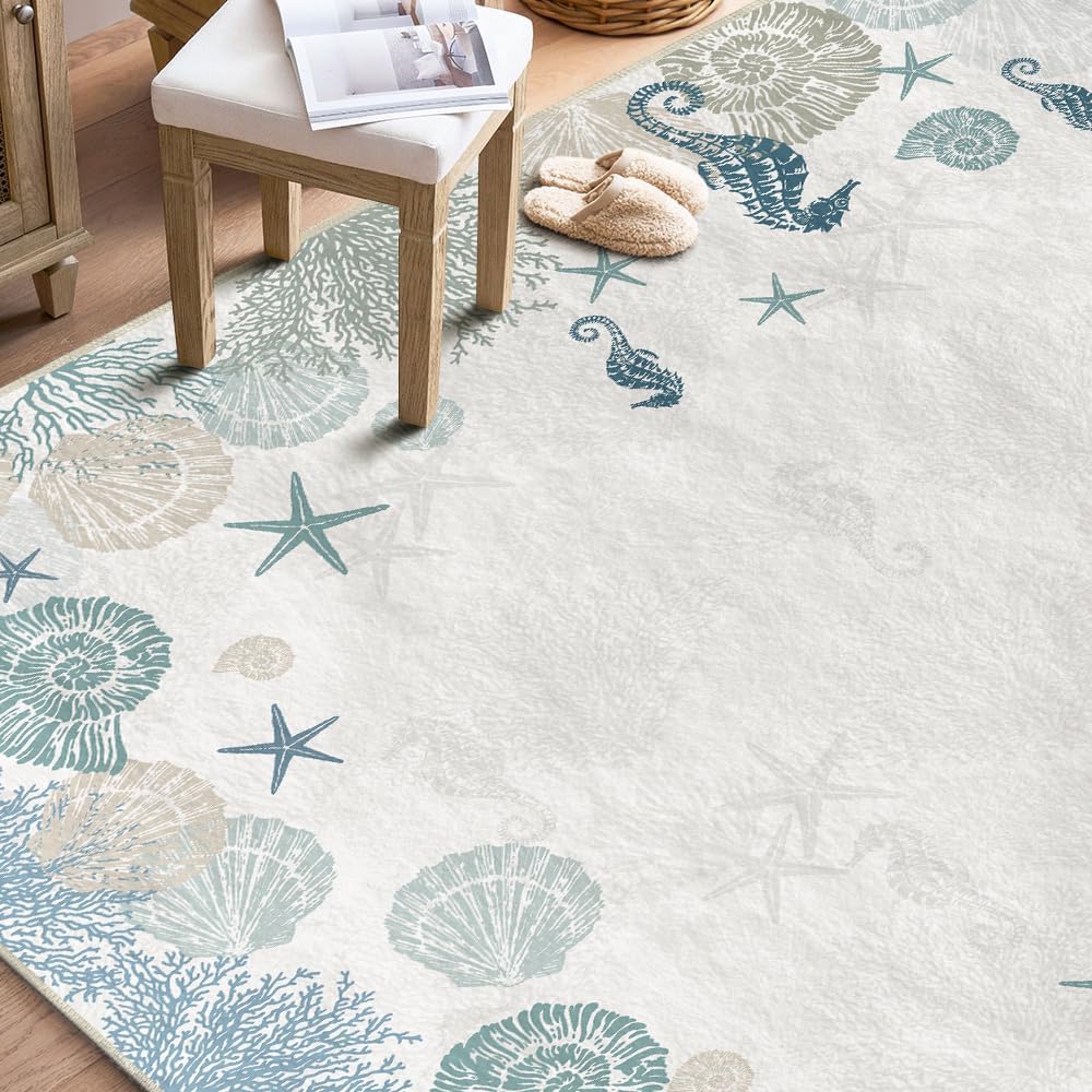 Artoid Mode Coral Starfish Whelks Summer Area Rug, Seasonal Home Decor Low-Profile Washable Area Rugs for Bedroom Living Room Laundry Room Dining Room Kids Nursery Indoor 5x7 Feet