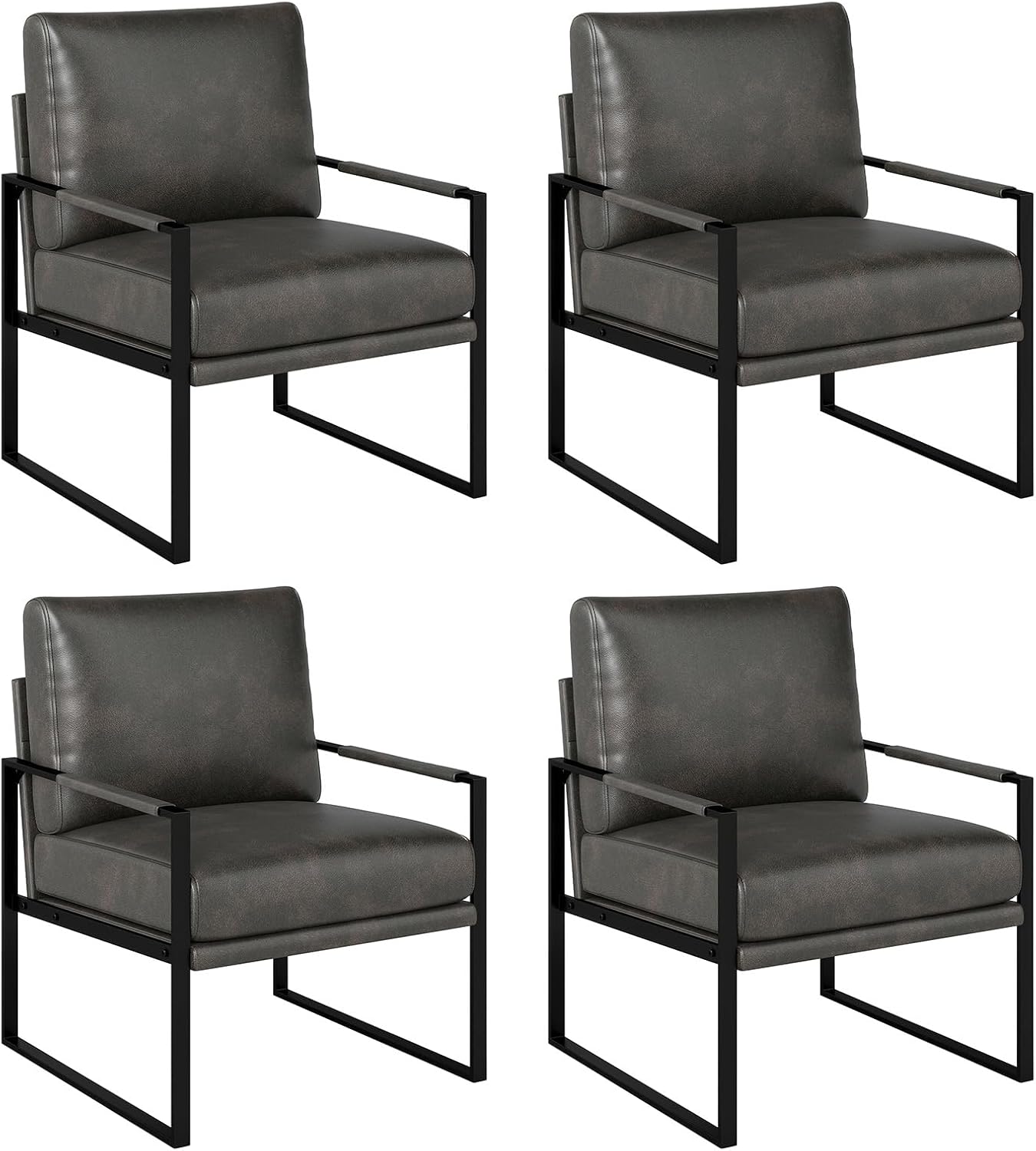 Phoenix Home PU Leather Accent Chair Set of 2, Leisure Metal Framed Armchair with Extra Soft Padded and Cushion, 105 Degree Slant Back, Modern Reading Arm Chair for Living Room/Office/Bedroom, Black