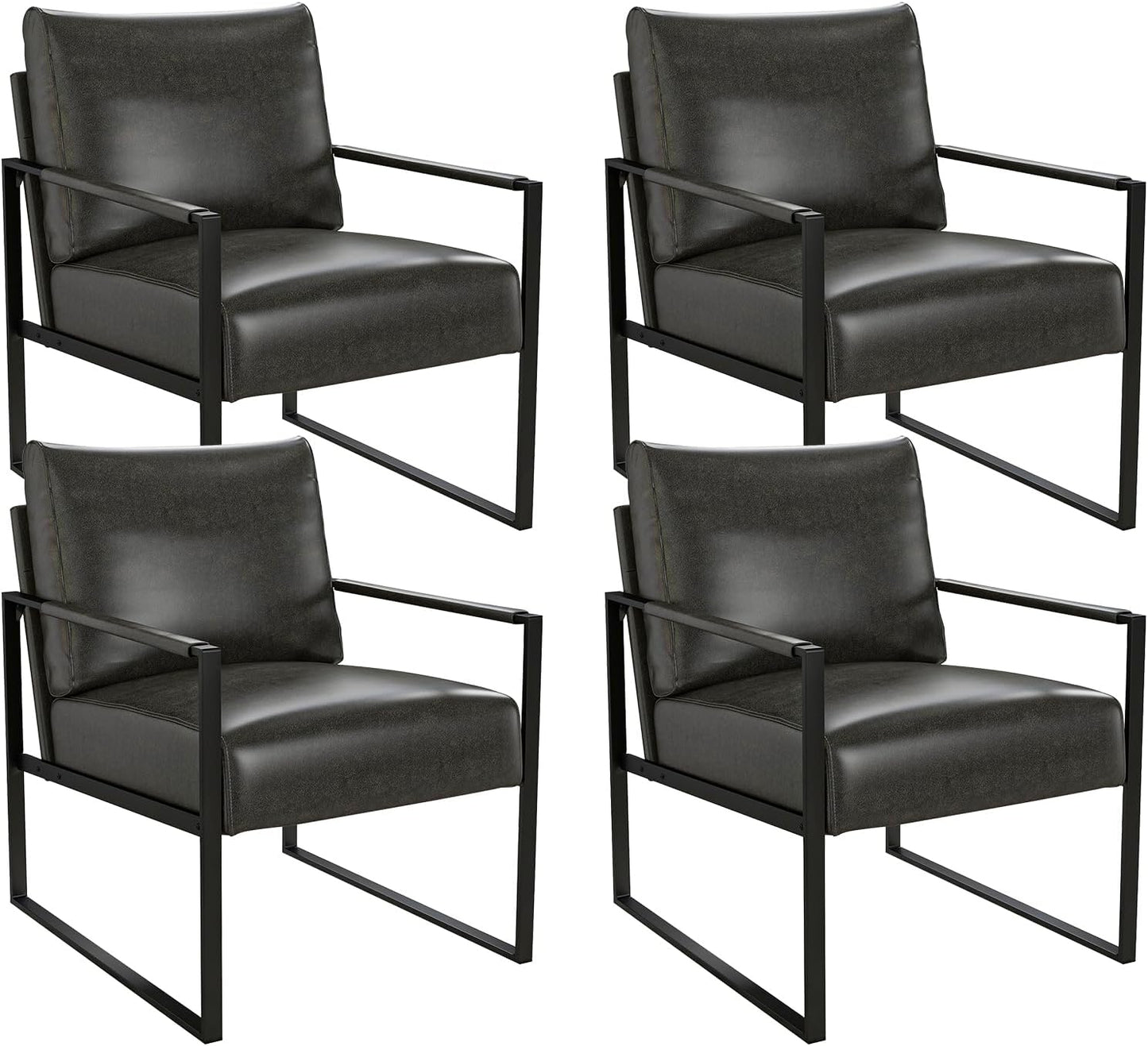 Phoenix Home PU Leather Accent Chair Set of 2, Leisure Metal Framed Armchair with Extra Soft Padded and Cushion, 105 Degree Slant Back, Modern Reading Arm Chair for Living Room/Office/Bedroom, Black