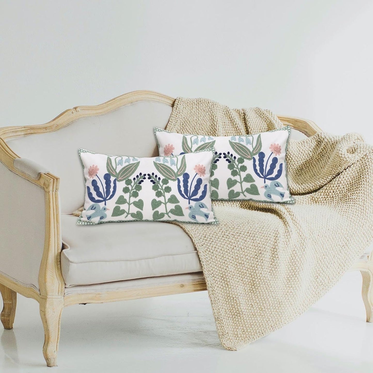 Pack of 2 Embroidered Decorative Throw Pillow Cover 18x18 Inch Farmhouse Floral Pillowcase for Living Room Sofa Bed (Bird Flower-Waist)