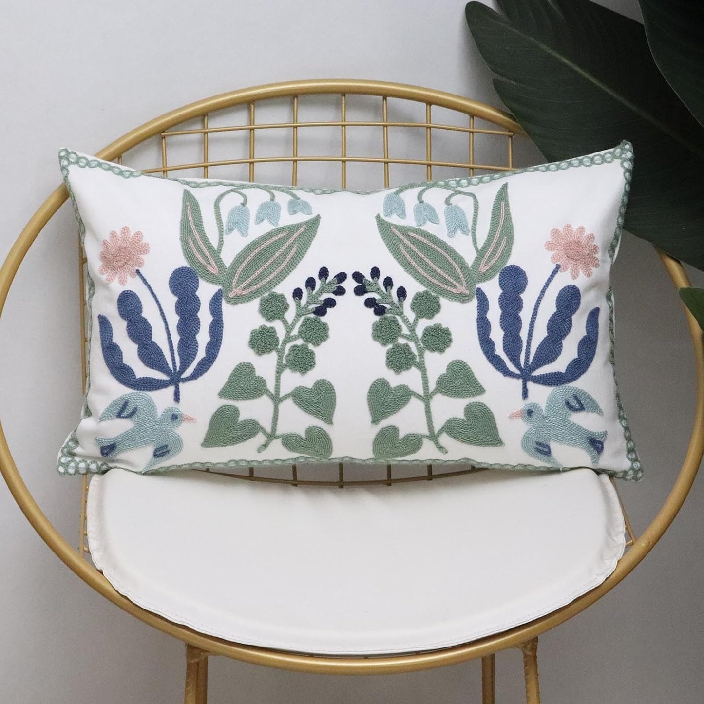 Pack of 2 Embroidered Decorative Throw Pillow Cover 18x18 Inch Farmhouse Floral Pillowcase for Living Room Sofa Bed (Bird Flower-Waist)