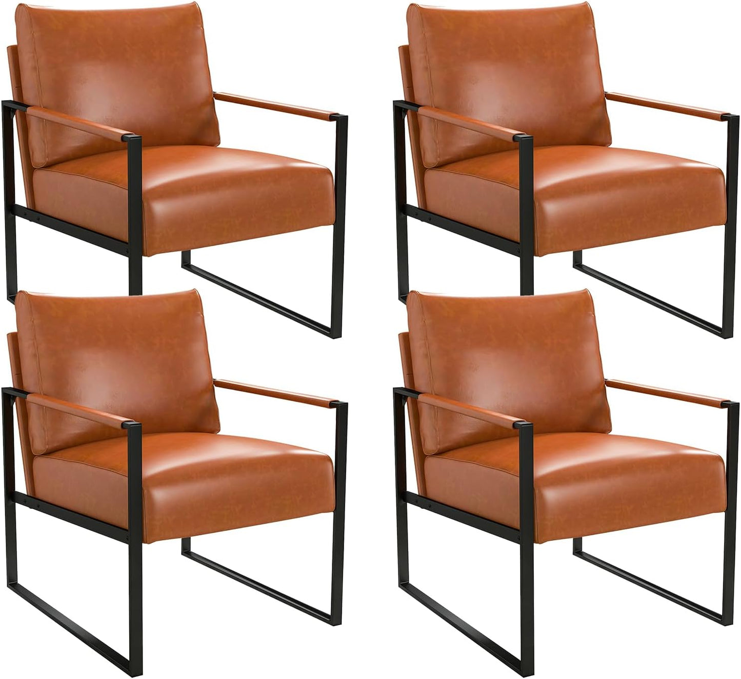 Phoenix Home PU Leather Accent Chair Set of 2, Leisure Metal Framed Armchair with Extra Soft Padded and Cushion, 105 Degree Slant Back, Modern Reading Arm Chair for Living Room/Office/Bedroom, Black