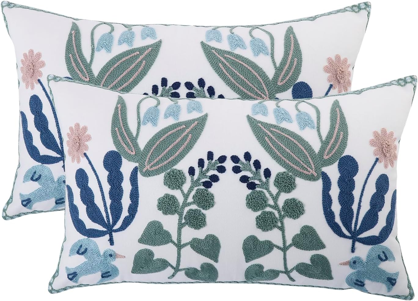 Tosleo Flower Embroidered Throw Pillow Covers 18x18 inch Pack of 2 Green Leaves with Birds Floral Pillowcases Farmhouse Decorative Coastal Pillow Cushion Cases Square Navy Blue Flower Pillow Case