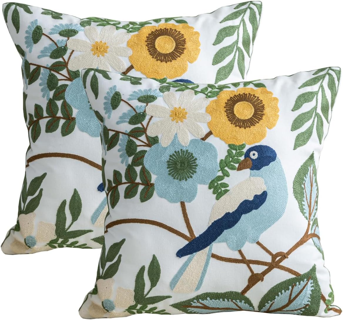 YIcabinet Pillow Covers Set of 2, Embroidered Flower Pattern Throw Pillow Cover,Square Cotton Cushion,Pillow Case for Sofa Bedroom Couch,18"x18"