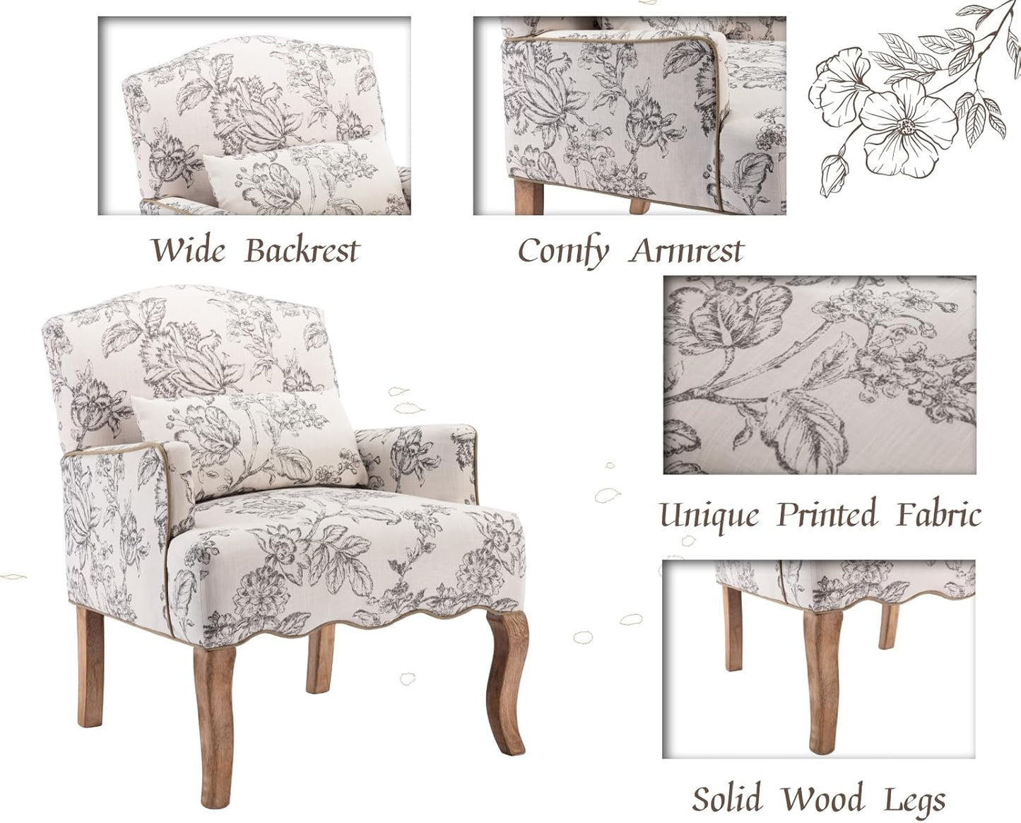 Floral Accent Chairs Farmhouse Upholstered Armchair Linen Reading Chair Mid Century Modern Single Sofa Chair with Pillow for Bedroom/Living Room/Fireplace, Beige, 1PC