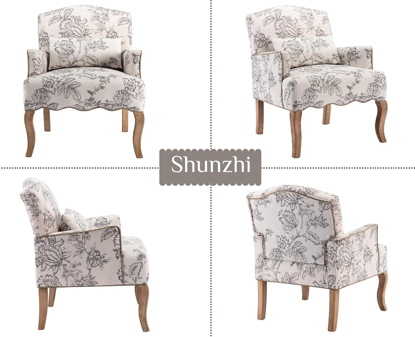 Floral Accent Chairs Farmhouse Upholstered Armchair Linen Reading Chair Mid Century Modern Single Sofa Chair with Pillow for Bedroom/Living Room/Fireplace, Beige, 1PC
