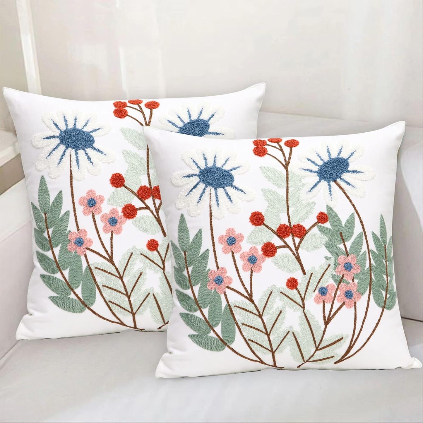 Pack of 2 Embroidered Decorative Throw Pillow Cover 18x18 Inch Farmhouse Floral Pillowcase for Living Room Sofa Bed (Flower)