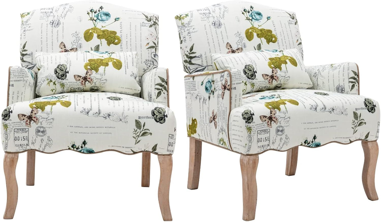 Floral Accent Chairs Farmhouse Upholstered Armchair Linen Reading Chair Mid Century Modern Single Sofa Chair with Pillow for Bedroom/Living Room/Fireplace, Beige, 1PC