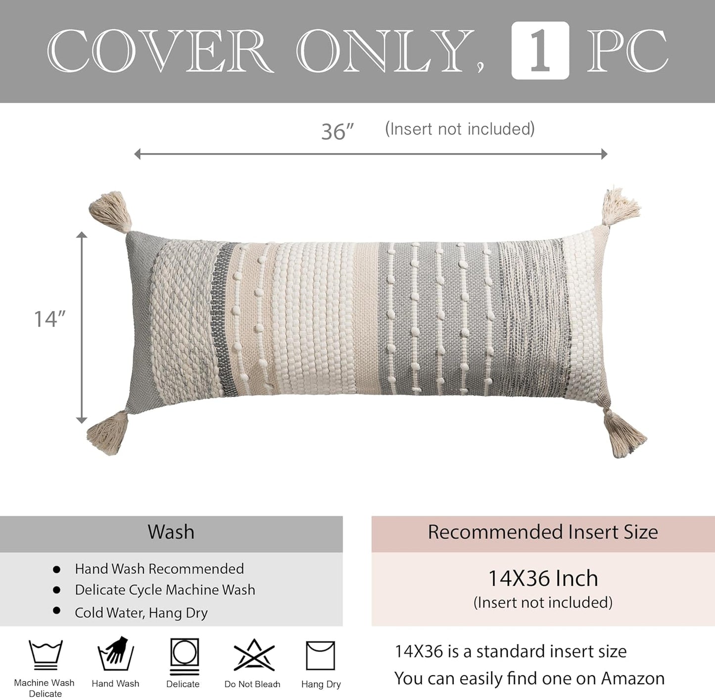 Gray Boho Lumbar Throw Pillow Cover 14x36 Grey Accent Long Body Lumbar Pillow for Bed Decorative Modern Bohemian Woven Textured Lumbar Pillow for Bed Cover ONLY